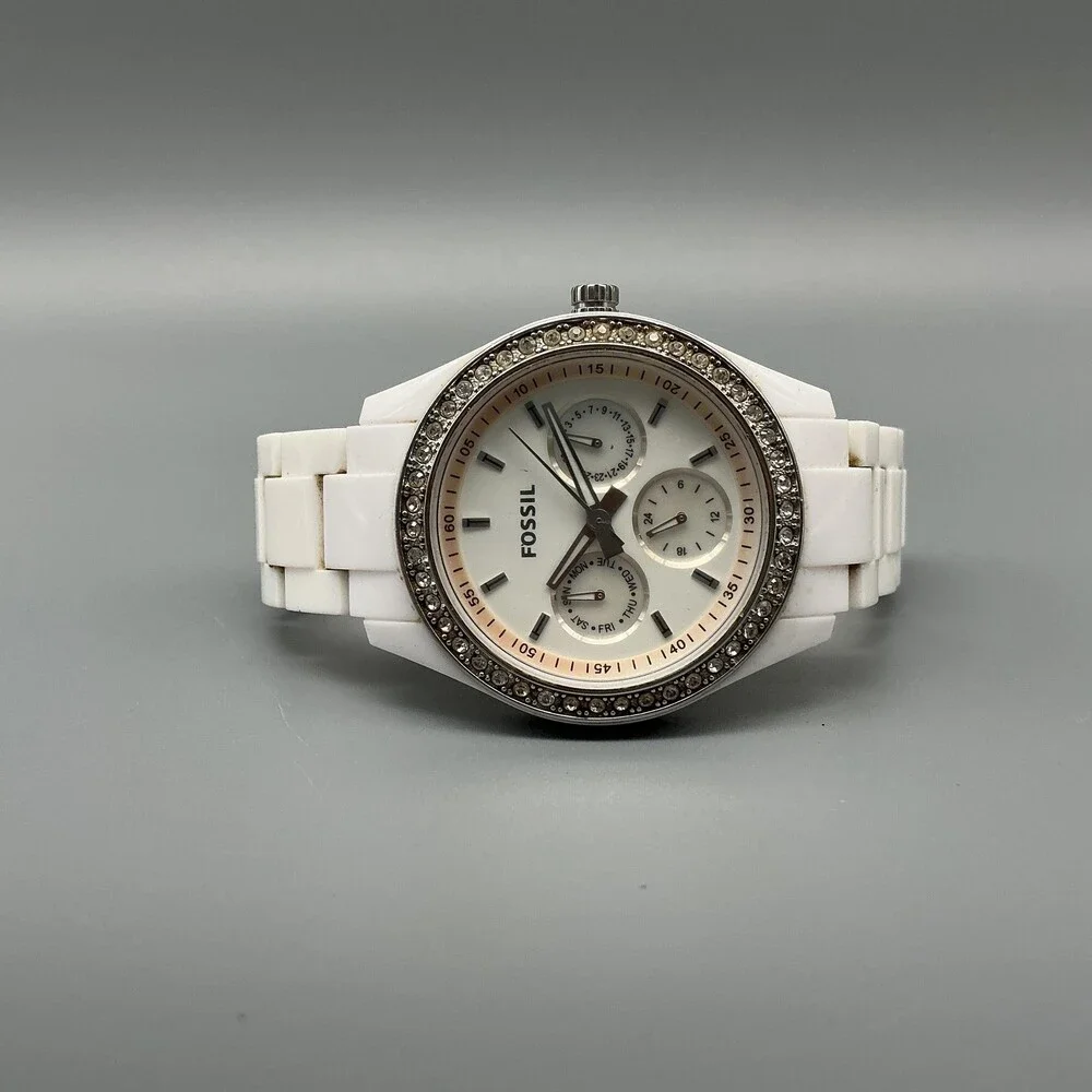 Fossil Stella ES-1967 Womens Watch 37mm White Dial White Resin New Battery 7